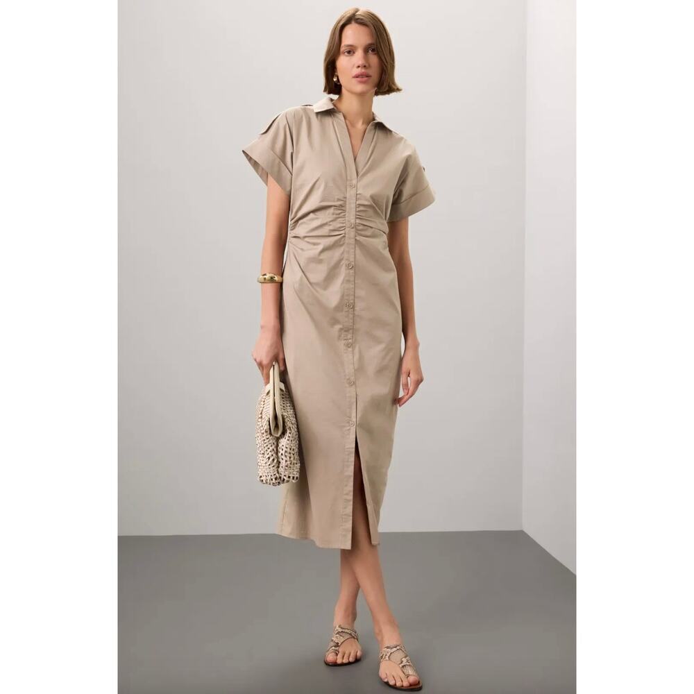 Saunders Beige Ruched Shirt Dress Sz 16